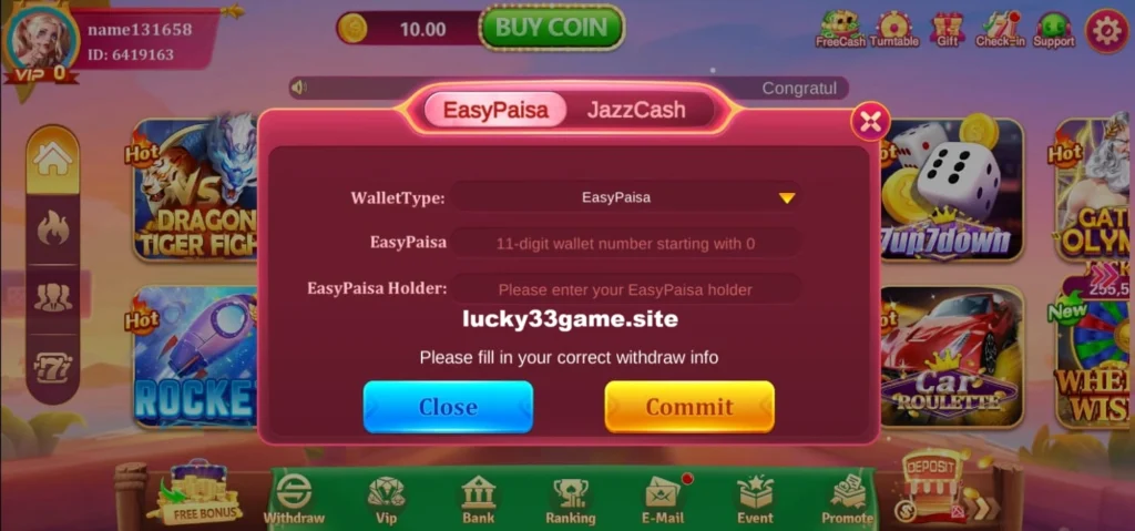 Lucky33 Game withdrawal