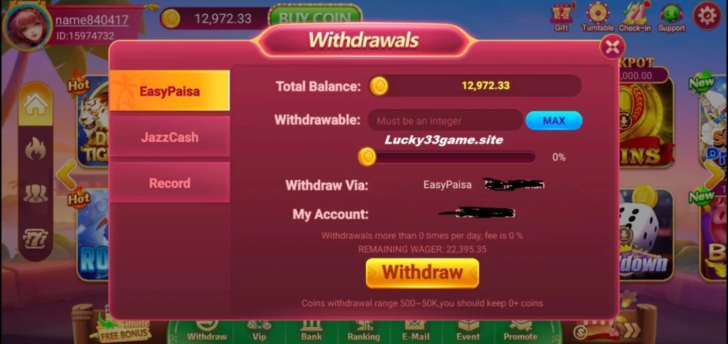 Luck 33 Game withdrawal